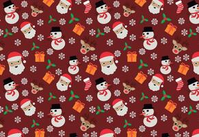 Festive Christmas background pattern featuring Santa Claus, reindeer, and holiday items on a deep red backdrop vector