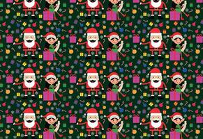Festive dark green Christmas pattern with Santa Claus, helpers, baubles, snowflakes and gifts. Ideal for fabrics and paper prints. vector