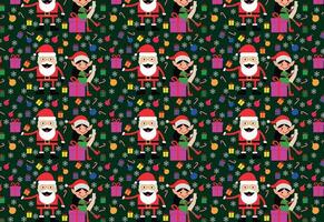 Festive dark green Christmas pattern with Santa Claus, helpers, baubles, snowflakes and gifts. Ideal for fabrics and paper prints. vector