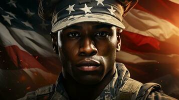 AI-Generated American military soldier Marine in uniform against the background of the American flag for Independence Day photo