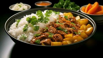 generado por ai delicioso arroz con carne en un plato en el mesa foto