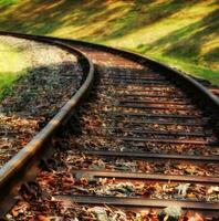 Low perspective of railway tracks in a rural area. photo