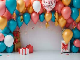 A visually appealing copy space banner with balloons and gift decorations ai generate photo