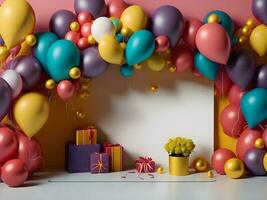 A visually appealing copy space banner with balloons and gift decorations ai generate photo