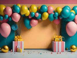 A visually appealing copy space banner with balloons and gift decorations ai generate photo