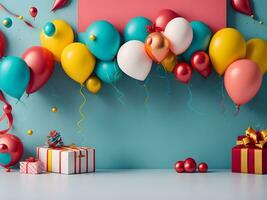 A visually appealing copy space banner with balloons and gift decorations ai generate photo