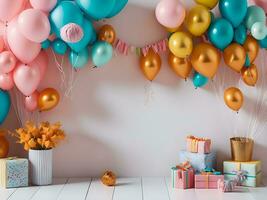 A visually appealing copy space banner with balloons and gift decorations ai generate photo