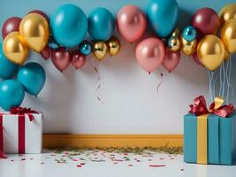 A visually appealing copy space banner with balloons and gift decorations ai generate photo