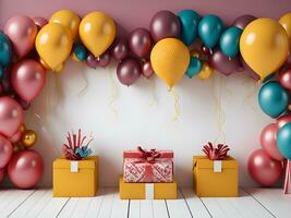 A visually appealing copy space banner with balloons and gift decorations ai generate photo