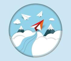 White and red paper airplanes flying together on blue sky on cloud background. Creative concept of business success and leadership in paper craft art style design .Vector illustration vector