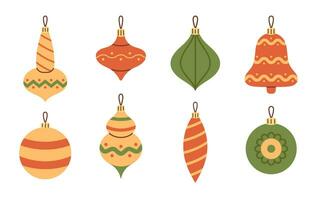 Vector set of different Christmas baubles and decorations in red, green and yellow colors. Retro Christmas ornaments and balls stickers in flat design. Happy New Year and Merry Christmas.