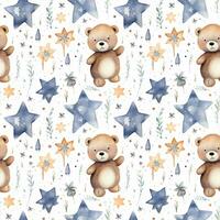 cute boho style watercolor bears and stars seamless pattern photo