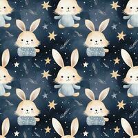 cute boho style watercolor bunny and stars seamless pattern photo