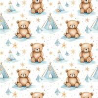cute boho style watercolor bears and stars seamless pattern photo