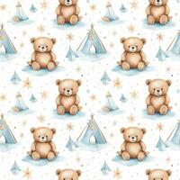 cute boho style watercolor bears and stars seamless pattern photo