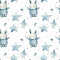 cute boho style watercolor bunny and stars seamless pattern photo