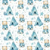 cute boho style watercolor bears and stars seamless pattern photo
