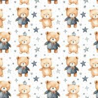 cute boho style watercolor bears and stars seamless pattern photo