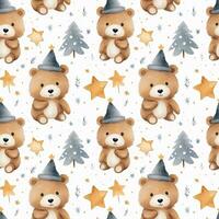 cute boho style watercolor bears and stars seamless pattern photo