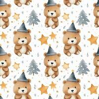 cute boho style watercolor bears and stars seamless pattern photo