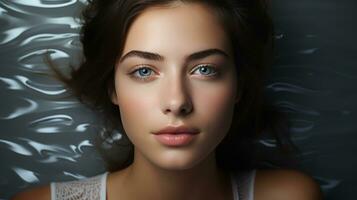 AI-Generated Beautiful woman looking at the camera, blurred background, close-up face photo