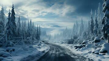 AI-Generated Beautiful snowy winter road for New Year and Christmas photo