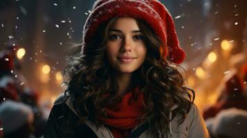 AI-Generated Young beautiful woman in festive santa claus hat for new year and christmas photo