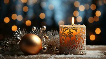 AI-Generated Beautiful candles and Christmas tree toys and decorations for New Year and Christmas photo