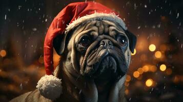 AI-Generated Pug dog in festive Santa Claus hat for New Year and Christmas photo