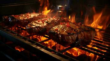 AI-Generated Delicious meat fried steaks on the grill cooked on fire photo