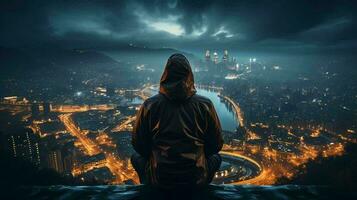 AI-Generated Man in a jacket with a hood in the city at night view from the back, concept of internet crimes cyber crimes and hackers photo