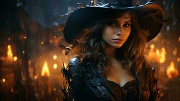 AI-Generated Beautiful witch in a black hat for the scary holiday of Halloween photo