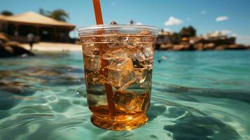 generado por ai frío delicioso refrescante bebida en un vaso con un Paja cóctel en el costa en el playa a un recurso en vacaciones en un tropical país foto