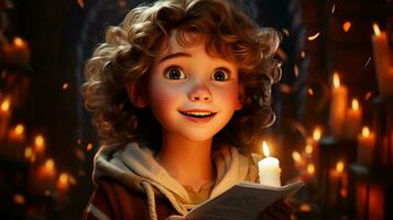 AI-Generated children singer of caroler hands holding candle and book on celebration of Christmas day photo