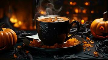 AI-Generated mug of hot coffee or tea with pumpkins with scary faces for Halloween photo