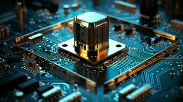 generado por ai computadora electrónico chip con procesador, transistores, resistencias y microchips resumen de alta tecnología antecedentes foto