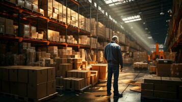 AI-Generated Male warehouse worker. Logistics concept for storage and delivery of goods photo