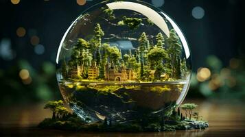 AI-Generated Glass dome with a city inside and green trees and plants. Concept of ecology and waste recycling and care for the environment photo