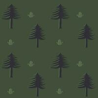 Hand drawn christmas trees and snow man seamless pattern, green background. vector