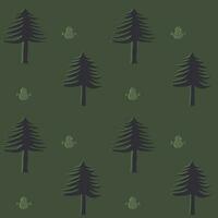 Hand drawn christmas trees and snow man seamless pattern, green background. vector