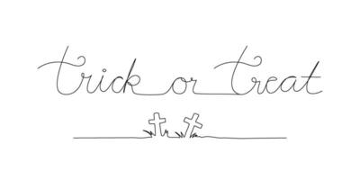 Continuous line trick or treat text with calvary crosses illustration in black and white outline vector. vector