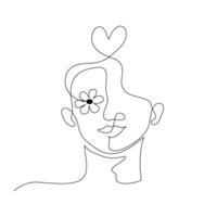 Continuous lineart of a person with a flower inside human head and heart symbol, lineart vector illustration.