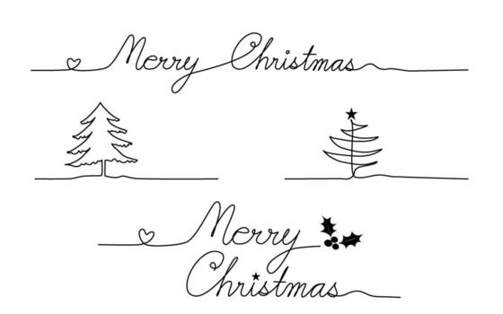 Continuous line drawing of merry chistmas text and chistmas tree, flat vector. vector