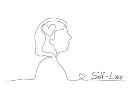 Continuous line art of a person with heart symbol and self love text, lineart vector illustration.