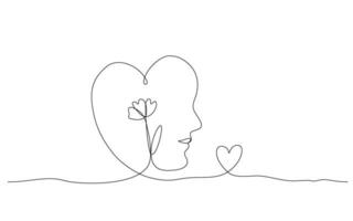 Continuous line art of a person with a flower and heart symbol, lineart vector illustration.