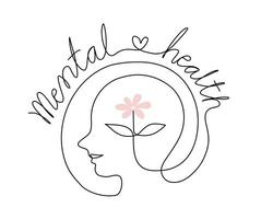 Continuous line art of a person with a flower inside human head and heart symbol, lineart vector illustration.