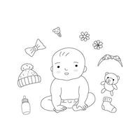 aislado de un contento bebé niño vestir pañal sentado y sonriente con bebé suministros, mano dibujado contorno vector. vector