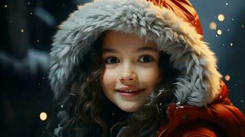 AI-Generatedittle girl in a Santa Claus costume smiles, background for the New Year and Christmas holiday photo