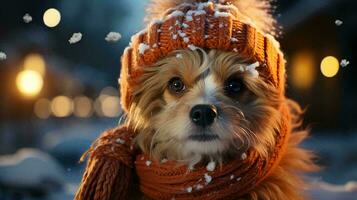 generado por ai pequeño perro en un calentar sombrero en invierno debajo el nieve con un borroso antecedentes para el nuevo año y Navidad fiesta foto