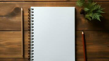 AI-Generated Blank notepad and pen lie on a wooden table, flat lay photo